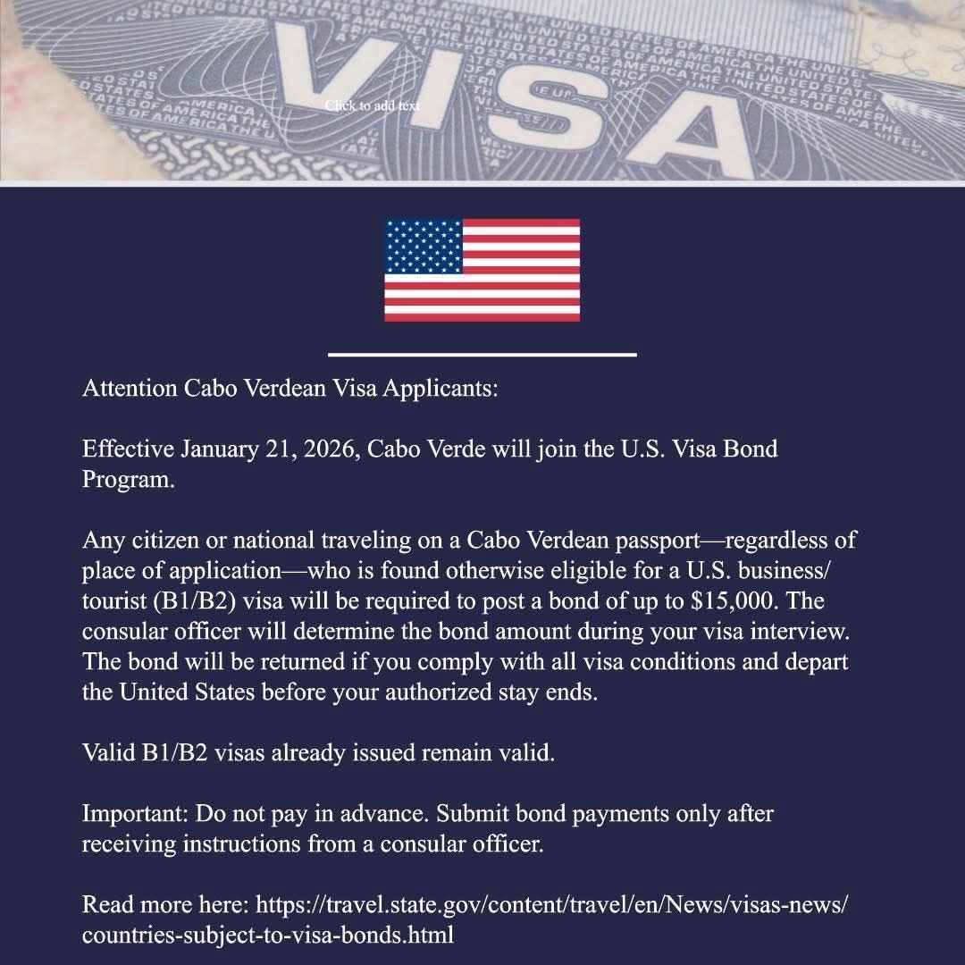 Vistos para EUA no passaporte cabo-verdiano  com caução nos  15.000 dólares
